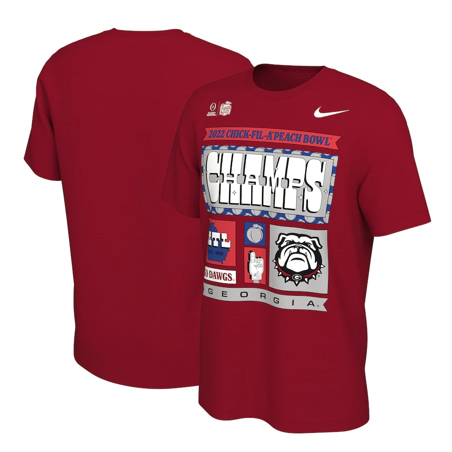 wholesale Georgia Bulldogs College Football Playoff 2022 Peach Bowl Champions Locker Room T-Shirt - Red wholesale Georgia Bulldogs College Football Playoff 2022 Peach Bowl Champions Locker Room T-Shirt - Red
