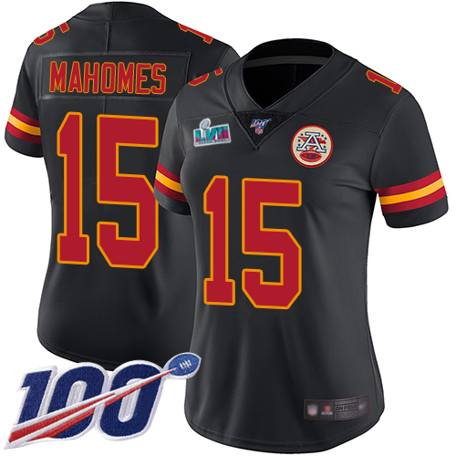 wholesale Chiefs #15 Patrick Mahomes Black Super Bowl LVII Patch Women\'s Stitched NFL Limited Rush 100th Season Jersey wholesale Chiefs #15 Patrick Mahomes Black Super Bowl LVII Patch Women\'s Stitched NFL Limited Rush 100th Season Jersey
